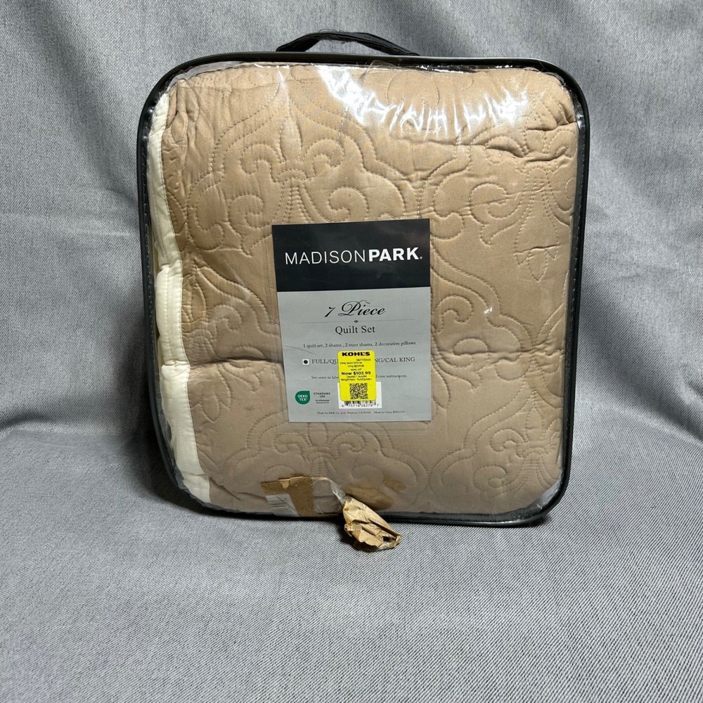 Madison Park 7 Piece Quilt Set Full/Queen Tan Ivory Scroll Striped Bedding